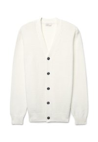 Cardigan bianco con scollo a V, motivo a maglia texturizzato, sei bottoni scuri sulla parte anteriore e polsini e orlo a coste.
