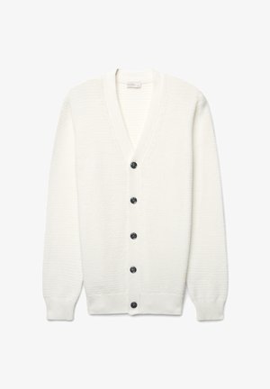 Cardigan bianco con scollo a V, motivo a maglia texturizzato, sei bottoni scuri sulla parte anteriore e polsini e orlo a coste.