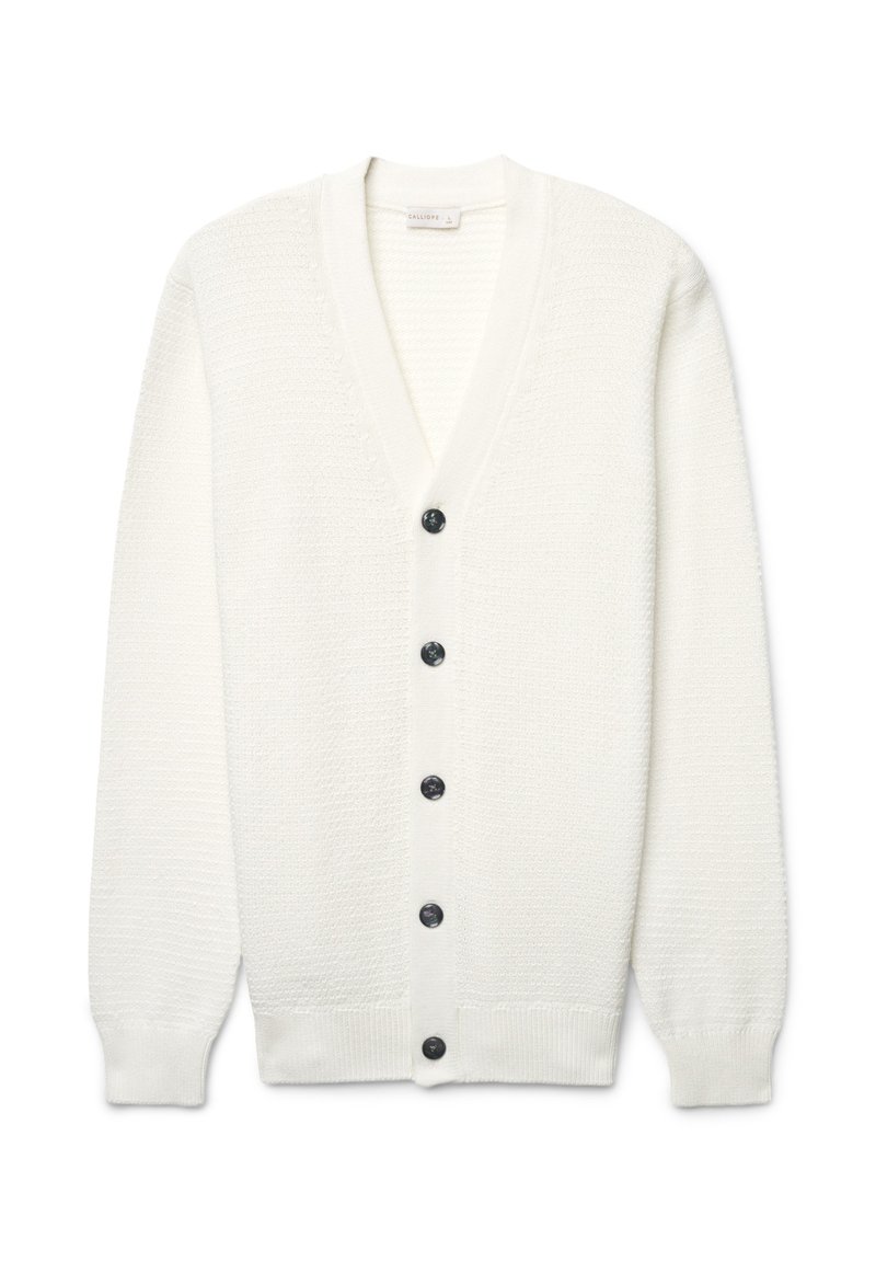 Cardigan bianco con scollo a V, motivo a maglia texturizzato, sei bottoni scuri sulla parte anteriore e polsini e orlo a coste.