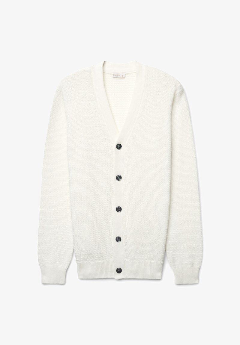 Cardigan bianco con scollo a V, motivo a maglia texturizzato, sei bottoni scuri sulla parte anteriore e polsini e orlo a coste.