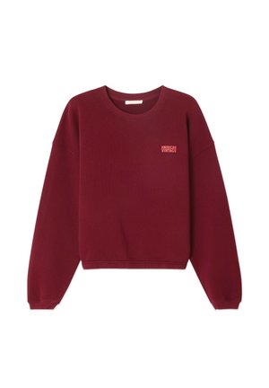 Burgundijas krāsas flease kapucis, ar apaļu kakla izgriezumu, kritieniem uz pleciem un mazu izšūtu logo kreisajā krūtī.