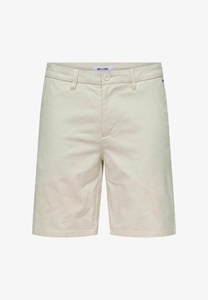 Beige bomullshorts med knappstenging, beltehemper og sidelommer. Glatt tekstur og rett snitt, passende for hverdagsbruk.