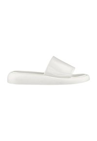 White slide sandal with a smooth, glossy upper and a slightly raised, contoured sole. Simple design, featuring a wide strap and rounded toe.