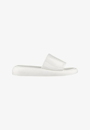 White slide sandal with a smooth, glossy upper and a slightly raised, contoured sole. Simple design, featuring a wide strap and rounded toe.