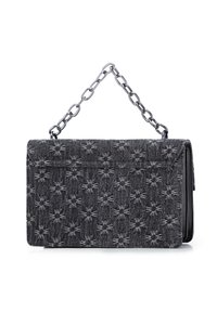 Graue Stoffhandtasche mit Blumenmuster, Ketten-Schulterriemen, Klappenverschluss und kontrastierenden schwarzen Seitenpaneelen. Strukturierte Oberflächenfinish.