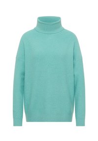 Turkusowy golf z teksturowanym wzorem dzianiny, luźnym krojem, ściągaczami na mankietach i dole oraz wysokim kołnierzem. Miękkie wykończenie tkaniny.