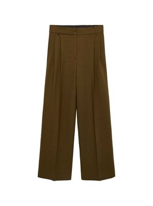 Wide-leg trousers made of olive green fabric, featuring front pleats, a high waist, and a smooth texture, designed for a relaxed fit.