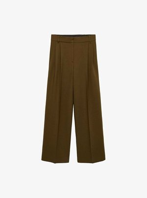 Pantalons à jambes larges en tissu olive, avec plis avant, taille haute et texture lisse, conçus pour un ajustement décontracté.