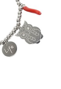 Bracciale in argento con un ciondolo a forma di gufo con pietre di strass, un disco rotondo inciso con la parola "Vita" e un piccolo accento rosso.