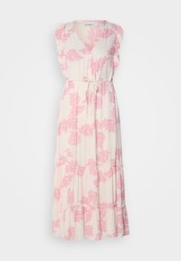 Robe midi blanche sans manches avec imprimé feuilles botaniques roses, col en V, détails à volants sur les épaules et ceinture ajustable à nouer à la taille.