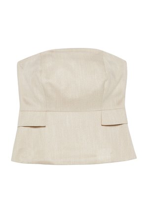 Strapless beige linen corset-style top with structured seams and small front pleats, designed for fitted waist and modern look.