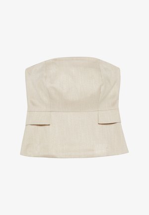 Trägerloses, beiges Leinen-Top im Korsettstil mit strukturierten Nähten und kleinen vorderen Falten, entworfen für eine taillierte Passform und modernen Look.