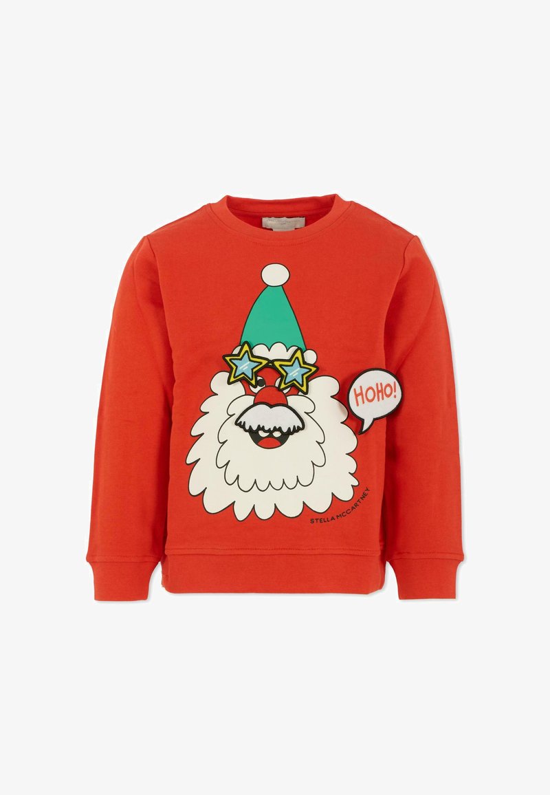 Felpa rossa con una grande grafica di volto di Babbo Natale, cappello verde, occhiali a forma di stella sovradimensionati e un fumetto con la scritta "HoHo!" in nero.