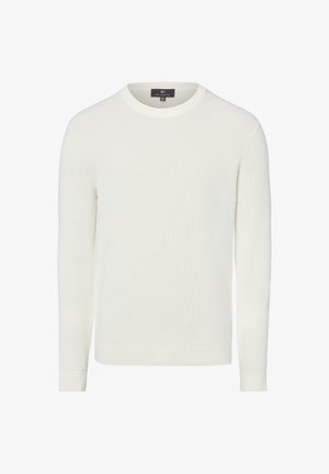 Witte gebreide trui met lange mouwen en een ronde hals, voorzien van geribbelde manchetten en zoom, weergegeven op een effen achtergrond.