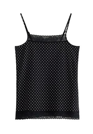 Sort camisole med hvide prikker, tynde stropper og blondekant langs udskæringen og kanten.