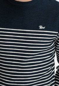 Pull à manches longues bleu marine avec rayures blanches horizontales, col côtelé et petit logo sur la poitrine. Texture douce.