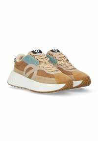 Sneaker di corduroy con una combinazione di colori beige, marrone e teal. Presentano una tomaia testurizzata, punta tonda e suola in gomma con motivo.