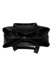 Bolso de cuero negro visto desde arriba, con cierre de cremallera, dos asas resistentes y una textura suave. Diseño simple y funcional.