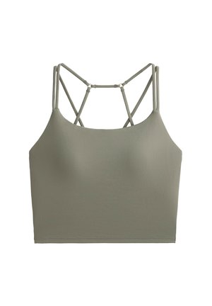 Bralette verde khaki con texture liscia, design cropped e dettaglio di spalline incrociate sul retro. Stile semplice e aderente.