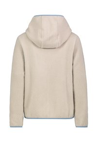 Beige fleece hoodie met een gestructureerd oppervlak, een ontspannen pasvorm en een blauwe bies langs de capuchon en manchetten. Geen zichtbare sluitingen of zakken.