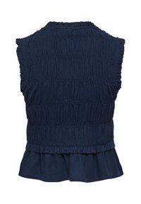 Haut sans manches bleu marine avec tissu froncé, bords volantés et détail en smocks élastiques dans le dos.