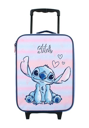 Valise rigide avec un design bleu et rose, illustrée d'un personnage de dessin animé et de texte. Comprend une poignée rétractable.