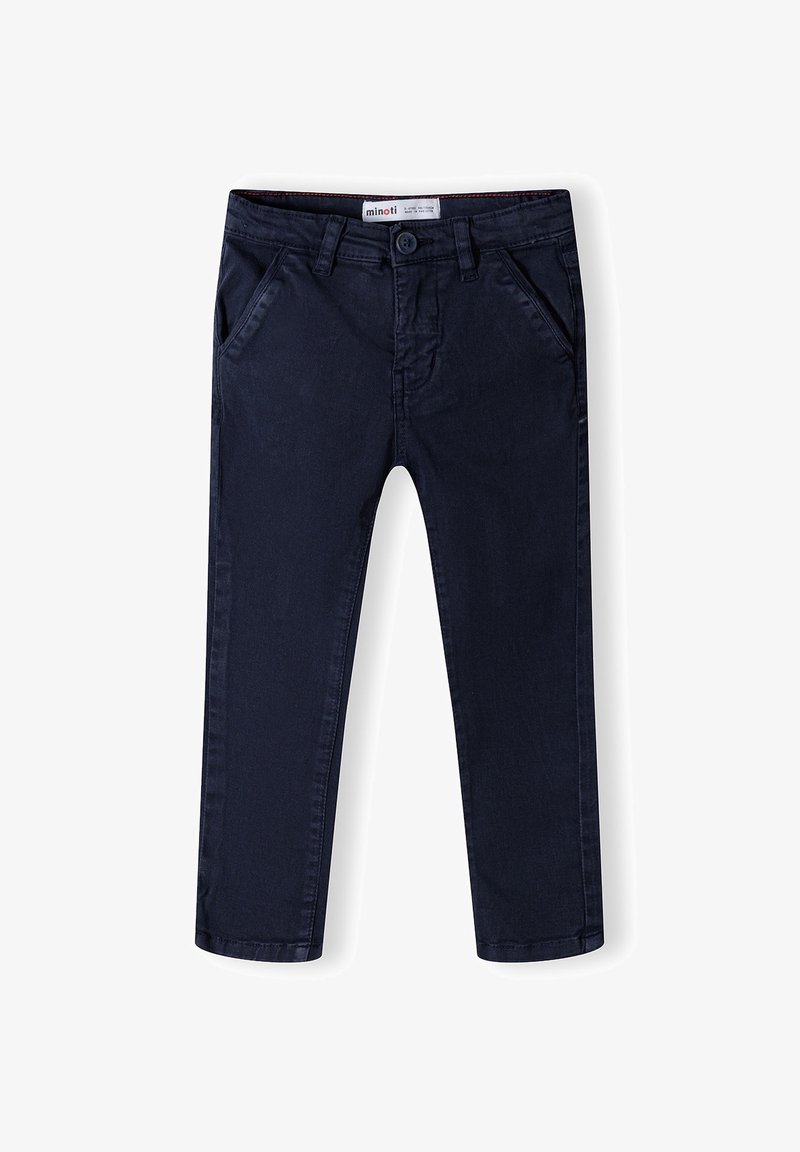 Pantalon pour enfants bleu marine foncé, coupe droite, avec poches avant, passants pour ceinture et fermeture par bouton, posé à plat sur un fond blanc.