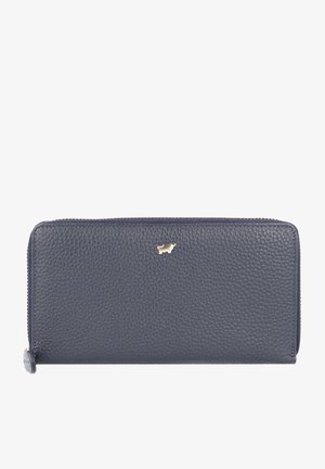 Marineblauwe leren portemonnee met een textuur, voorzien van een ritssluiting en een klein metallic accentlogo op de voorkant.