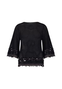 Schwarzes, offenes Strickoberteil mit V-Ausschnitt, weiten Ärmeln und verziert mit Pailletten und Fransen am Saum für zusätzliche Textur und Details.