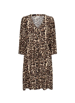 Abito con stampa leopardata, scollatura a V, maniche lunghe, vita con nastro e chiusura frontale a bottoni. Realizzato in un morbido tessuto testurizzato in tonalità beige e marrone.