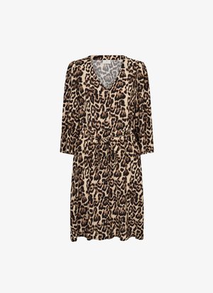 Abito con stampa leopardata, scollatura a V, maniche lunghe, vita con nastro e chiusura frontale a bottoni. Realizzato in un morbido tessuto testurizzato in tonalità beige e marrone.