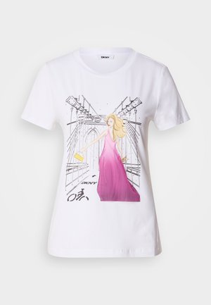 White cotton t-shirt featuring a graphic of a woman in a pink dress on a city street, with printed DKNY logo and a bike symbol.