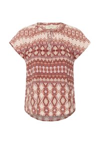Kurzärmlige Bluse mit rundem Ausschnitt, ausgestattet mit einem rot-creamfarbenen geometrischen Muster, leichtem Stoff und lockerer Passform.