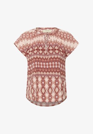Rövid ujjú blúz, kerek nyakkivágással, piros és krém színű geometrikus mintával, könnyű anyagból, laza szabással.