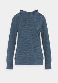 Sweat à capuche bleu à manches longues avec un petit motif à pois blancs et un logo discret sur la poitrine, présenté sur un fond uni.