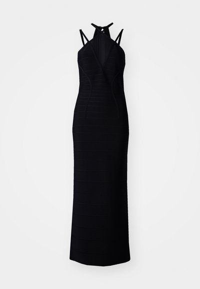 Abito nero senza maniche con una silhouette attillata, caratterizzato da una texture a righe orizzontali, un scollo a V e un dettaglio con fiocco sul retro.