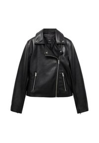 Black leather biker jacket with a cropped design, asymmetrical zip closure, two front zip pockets, and snap collar details. Smooth texture.