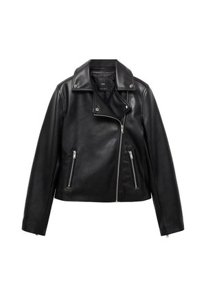 Giacca da biker in pelle nera con design accorciato, chiusura con zip asimmetrica, due tasche frontali con zip e dettagli con bottoni a pressione. Texture liscia.