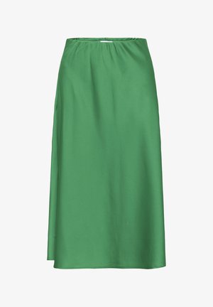 Zaļš satīna midi svārki ar elastīgu jostu, gluda tekstūra un plūstoša silueta. Nav redzamu rakstu vai akcentu.