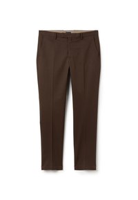 Slim-fit bruine broek met een gladde textuur, platte voorkant, twee zijzakken en een recht gesneden ontwerp. Aangerimpelde tailleband met riemlussen.
