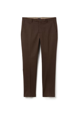 Schmale braune Hosen mit glatter Textur, flacher Front, zwei seitlichen Taschen und geradem Beinschnitt. Taillierte Taille mit Gürtelschlaufen.
