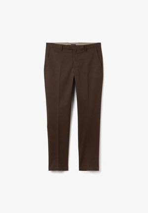 Schmale braune Hosen mit glatter Textur, flacher Front, zwei seitlichen Taschen und geradem Beinschnitt. Taillierte Taille mit Gürtelschlaufen.