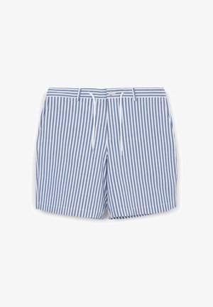 Blau-weiße, senkrecht gestreifte Shorts mit einem Knopf, Gürtelschlaufen und einem weißen Kordelzug an der Taille.