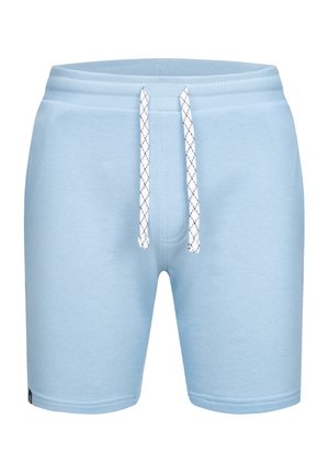 Világoskék, puha anyagból készült nadrág, rugalmas derékkal és fehér zsinórral, átlós mintázattal, valamint egyszerű szegésekkel.