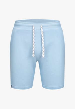 Világoskék, puha anyagból készült nadrág, rugalmas derékkal és fehér zsinórral, átlós mintázattal, valamint egyszerű szegésekkel.