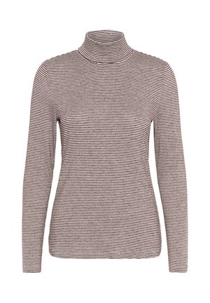Long-sleeve turtleneck top in soft fabric, featuring a light beige base with thin dark brown horizontal stripes. Fitted design.