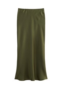 Jupe en satin vert olive avec une texture lisse, une silhouette droite et un drapé doux. La ceinture semble élastique sans matériel visible.
