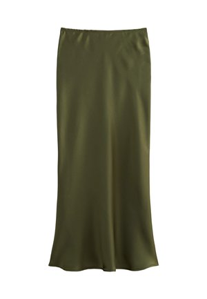 Olijfgroene satijnen rok met een gladde textuur, rechte silhouette en zachte draping. De tailleband lijkt elastisch zonder zichtbare hardware.