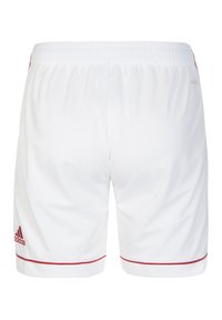 Shorts sportivi bianchi realizzati in tessuto traspirante, con dettagli rossi lungo l'orlo e una vita elastica per il massimo comfort.