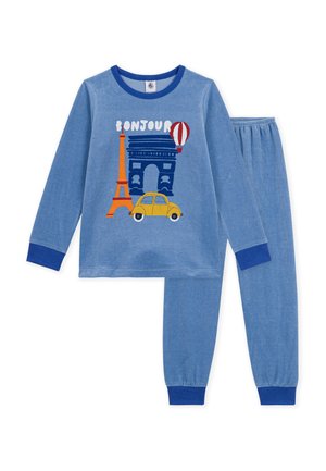 Blaue Kinderpyjamas mit Wahrzeichen von Paris, einem gelben Auto, einem Heißluftballon und dem Schriftzug "Bonjour" auf dem Oberteil.
